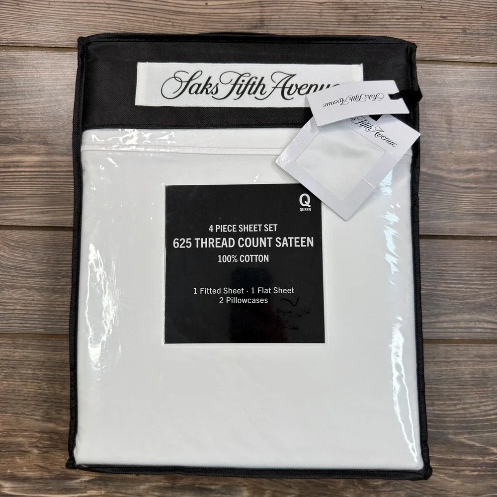 Saks Fifth Avenue Queen Sheet Set White 625 TC Sateen Cotton 4pc NWT